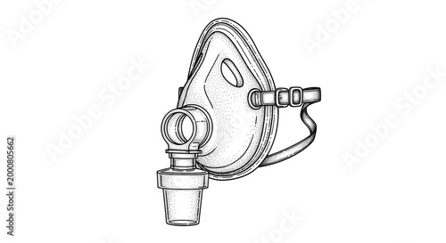 Detailed black and white stippling or dot work illustration of a medical nebulizer mask for breathing treatments and respiratory therapy.