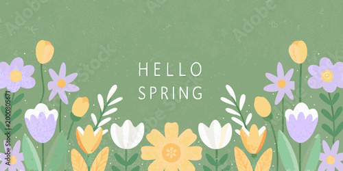 hello spring text surrounded by colorful flowers on green background high quality professional detailed modern