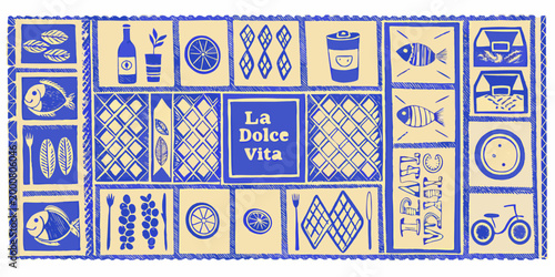 italian culinary culture collage with blue and beige patterns high quality professional detailed modern elegant