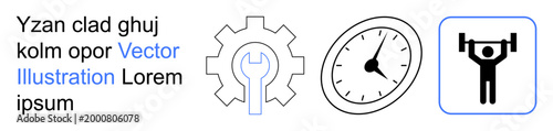Technology design, fitness, time management, repair, engineering, industry. Gear with wrench, clock weightlifter and text. Technology design and fitness visualization concepts