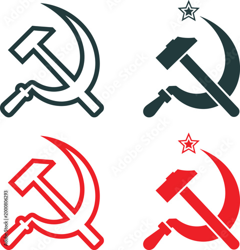 Soviet union symbolism hammer and sickle variations in black teal and red silhouette