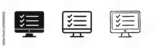 Online test and digital checklist icon set with computer monitor