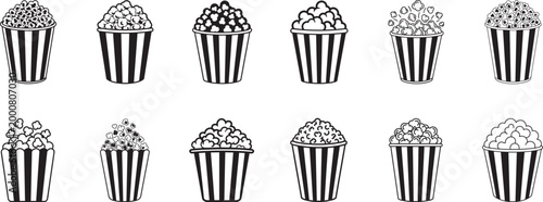 Icon of a striped popcorn bucket overflowing with fluffy popcorn silhouette collection, different variations.