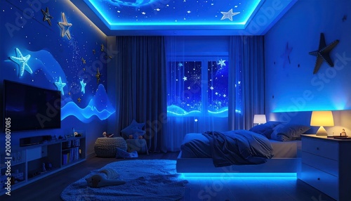 Enchanting Blue Starry Night Bedroom with LED Ambiance.