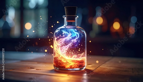 Enchanting Potion Bottle Filled with Swirling Cosmic Energy and Sparks.