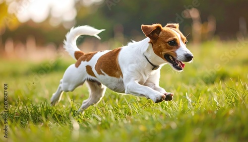 Energetic Jack Russell Terrier Dog Running Joyfully Through a Sunlit Grassy Field.