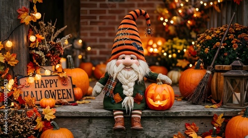 Adorable Halloween Gnome Holding Pumpkin Festive Joyful Generative AI