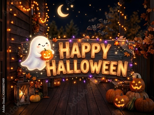 Happy Halloween Glowing Wood Letters Cute Ghost with Pumpkin and Bats
