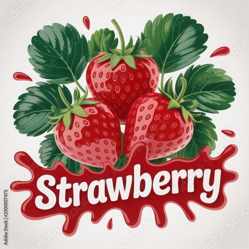 Fresh strawberries surrounded by green leaves and a decorative red banner.