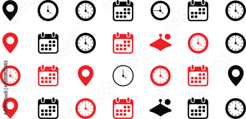 Address time date icons set, address location icon collection, vector illustration for contact information, scheduling, map navigation and calendar time interface design elements.