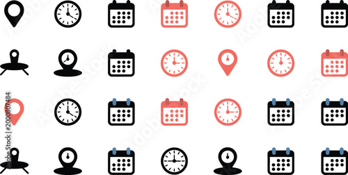 Address time date icons set, location pin, clock and calendar symbols, vector icon collection for address details, scheduling, event planning and navigation UI design.