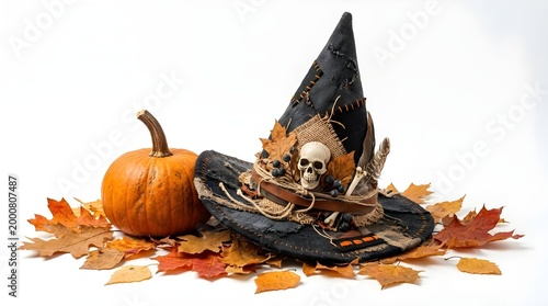 Skeleton Witch Hat with Pumpkin and Fall Leaves on White Background