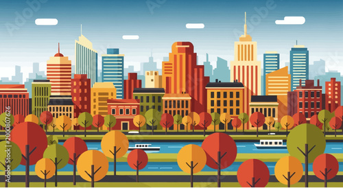 Autumn Cityscape Illustration with River and Colorful Trees
