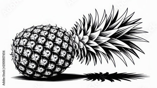 A classic black and white illustration of a pineapple with its crown intact