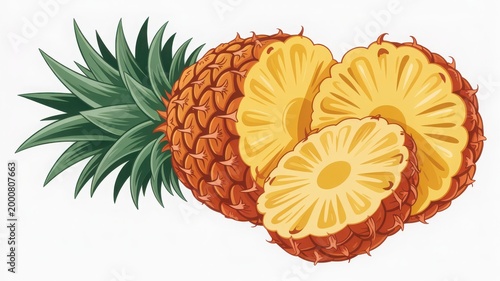 Fresh pineapple slices with a green leaf garnish displayed on a plain background