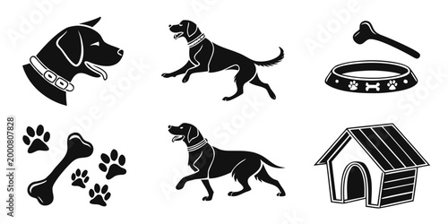 Foto Set of dog themed graphic icons including pets bones paw prints and kennel with