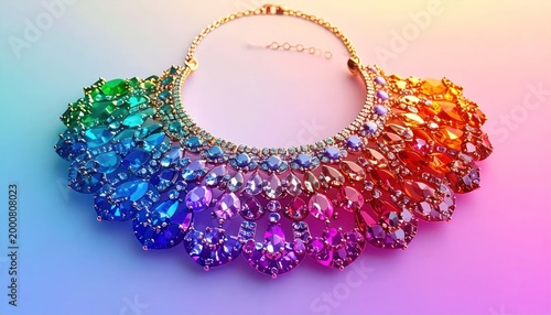 Exquisite Rainbow Gemstone Necklace Displayed on a Pastel Gradient Background.