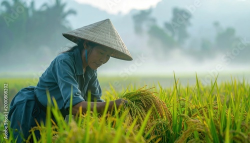 Farmer Harvesting Rice in a Misty Field.