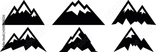 mountain icons silhouette set landscape peaks vector, simple mountain peak shapes icon collection set, nature mountain silhouette vector icon set design