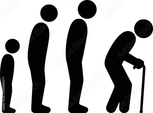 stickman human life stages silhouette icon set, aging stages people progression simple silhouette icons, human lifecycle stickman figures baby to elderly set