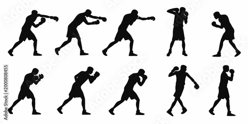 Bild auf Leinwand Boxing athlete silhouette collection showing various fighting moves with trainin