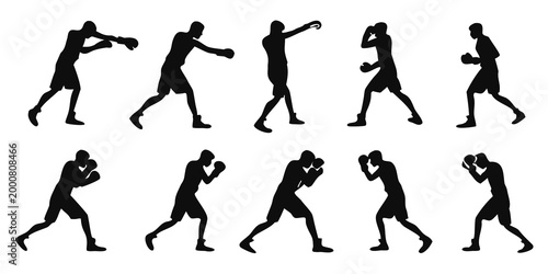 Fotografi Set of ten boxing athlete silhouettes in various dynamic fighting stances and pu