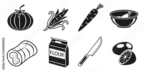 Set of black and white cooking and kitchen preparation icons including vegetables and ingredients with vegetables ingredients nutrition vegetarian agriculture culinary restaurant chopping