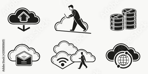 Cloud computing and digital network connectivity icons featuring storage and data communication computing technology internet communication download business connection information platform
