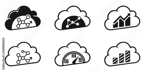 Black and white analytical data and cloud computing service icons with charts and graphs analytics computing business statistics technology information performance monitoring dashboard