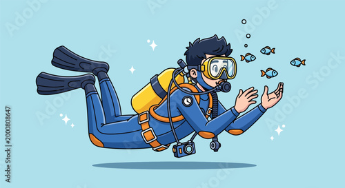 Cartoon scuba diver swimming underwater with camera and fish.