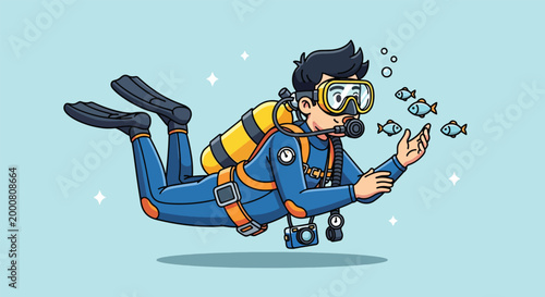 Cartoon scuba diver swimming underwater with small fish and camera.