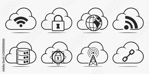 Cloud network and cyber security icon collection with security internet technology wireless connection communication computing infrastructure database business protection illustration