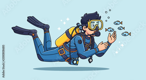 Cartoon scuba diver swimming underwater with small fish and bubbles.