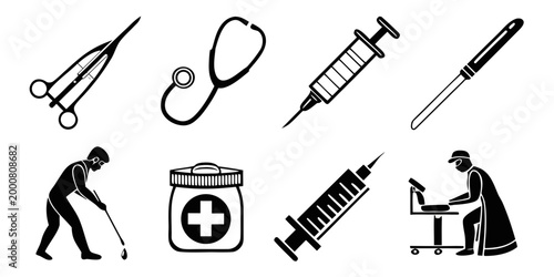 Medical procedures and clinical equipment icon pack with healthcare stethoscope medicine laboratory hospital clinical equipment instrument treatment procedure pharmacy wellness diagnostic