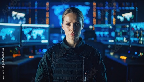 Female Security Officer in Control Room with Multiple Monitors.