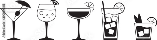 Five cocktail glasses silhouettes collection, glass with an umbrella and olive, glass filled with a beverage different variations.