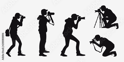 Collection of photographer silhouettes in various shooting poses with professional cameras photographer silhouette photography shooting professional creative journalism lifestyle activity