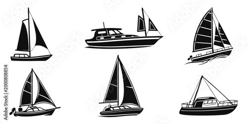 Assorted silhouette icons of sailboats and modern motor yachts sailing on water for nautical and maritime graphic design with sailboat silhouette nautical maritime transport transportation