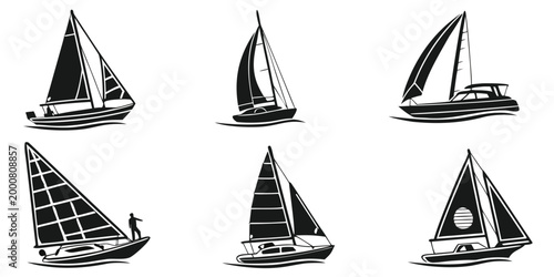 Set of black and white sailing boat and yacht silhouettes icon collection for marine design with marine life sailing sport sea travel ocean cruise sea trip nautical design ship icon sailboat