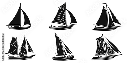 Group of black and white sailboat and yacht silhouettes for marine icons with sailing boat yacht design boat icon sea transport sailing sport sea trip marine industry vessel design yacht club