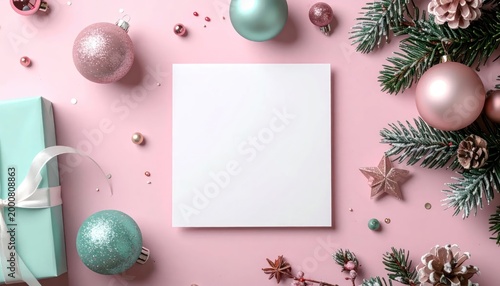 Festive Christmas Flat Lay with Blank Card and Ornaments.