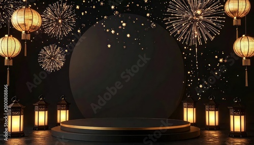 Festive Stage with Lanterns and Fireworks Display.