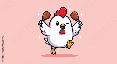 Cute Cartoon Chicken Character Holding Fried Chicken Legs and Winking.