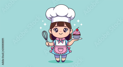 Cute cartoon chef girl holding a delicious cupcake and a whisk.