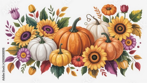 Autumn harvest celebration with colorful flowers and pumpkins