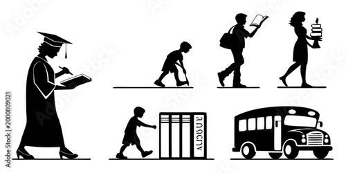 Academic and student life journey icons with graduates readers school bus symbols shoulder bag white background high school academic year educational institution personal development