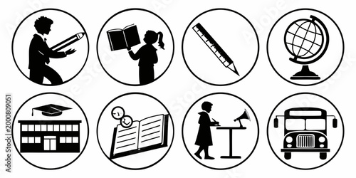 Circular education icons set with school globe students learning symbols for academic concepts school building school bus white background high school student life academic year educational ins