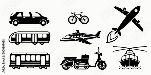 Set of black transport and vehicle silhouettes featuring airplanes scooter ship train and car icons for graphic design transport silhouette airplane motorcycle collection aviation nautical