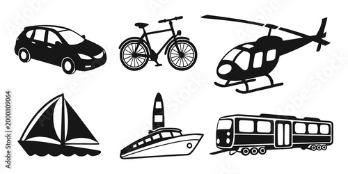 Fotografi Collection of various transportation vehicles icons including car bicycle boat t