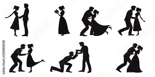 Black silhouettes of romantic couples in various interactive poses such as dancing proposing holding hands and presenting a cake for celebration and anniversary designs with silhouette, proposal